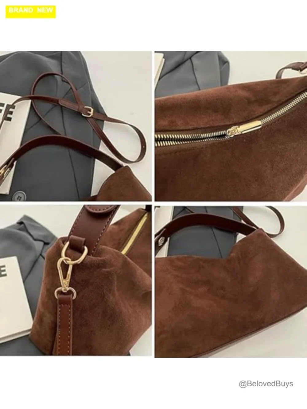 Faux Suede Hobo Bag with Adjustable Shoulder Strap - Large Tote